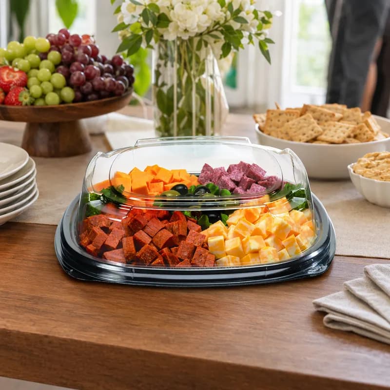 Fresh 'n Clear® Serving Tray Base & Lid Combo With High Dome Lid 12 IN PET Black Clear 25/Case