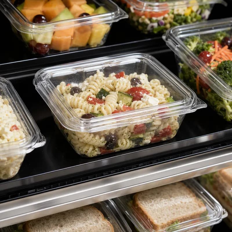 Safe-T-Fresh® Deli Container Hinged With Flat Lid 24 OZ RPET Clear Rectangle 200/Case