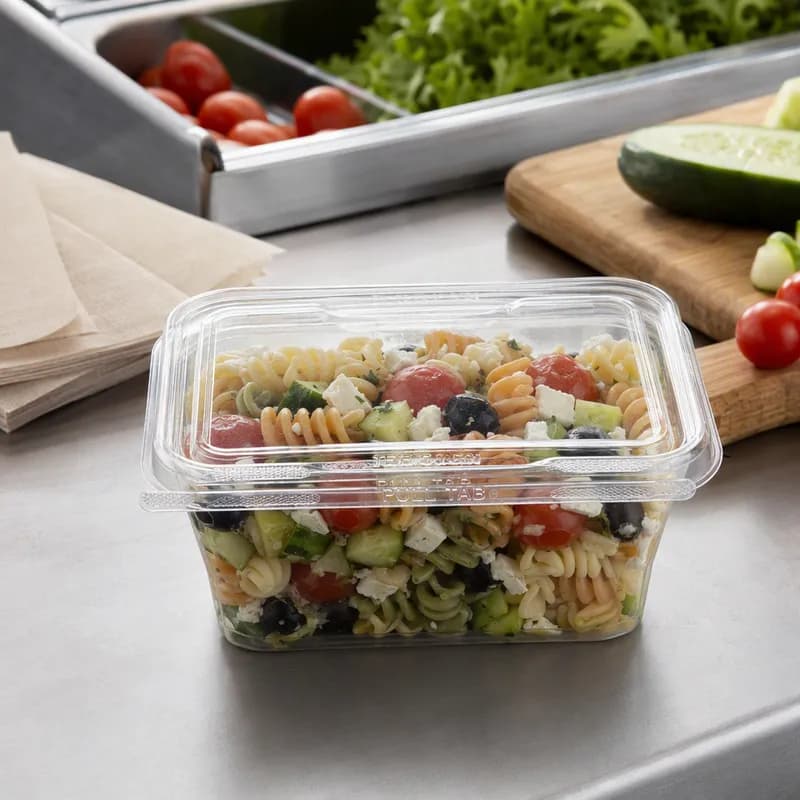 Safe-T-Fresh® Deli Container Hinged With Flat Lid 32 OZ RPET Clear Rectangle 200/Case