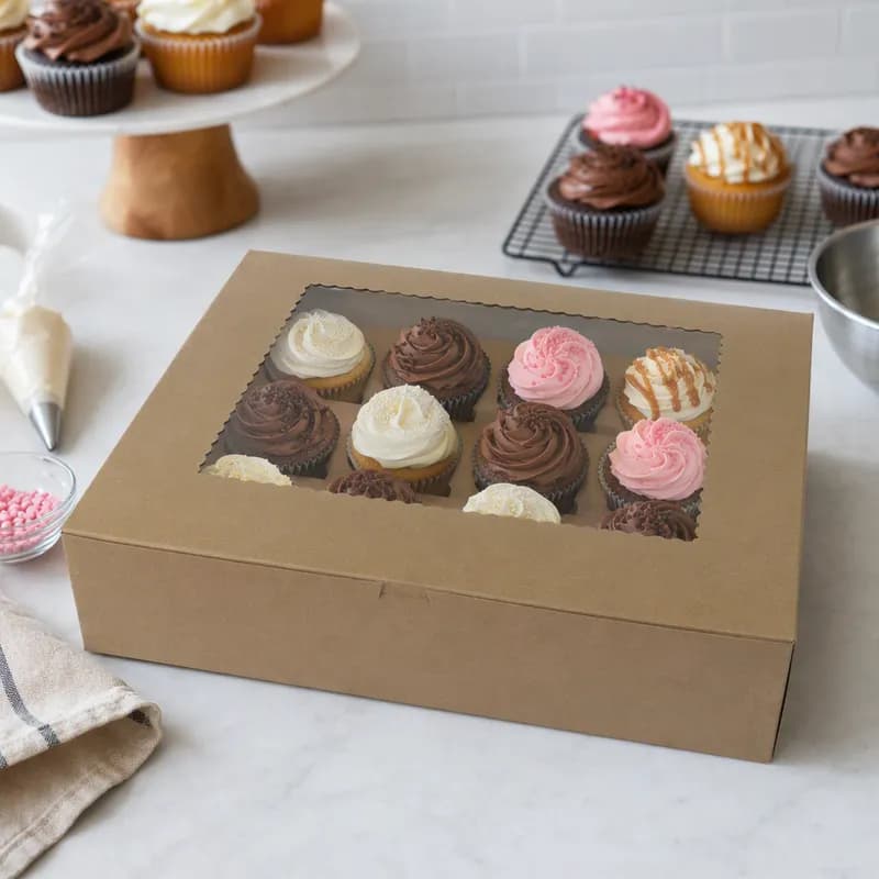 Cupcake Box Jumbo 19X14X4 IN 12 Compartment Paperboard Kraft Corner Lock With Window 50/Bundle
