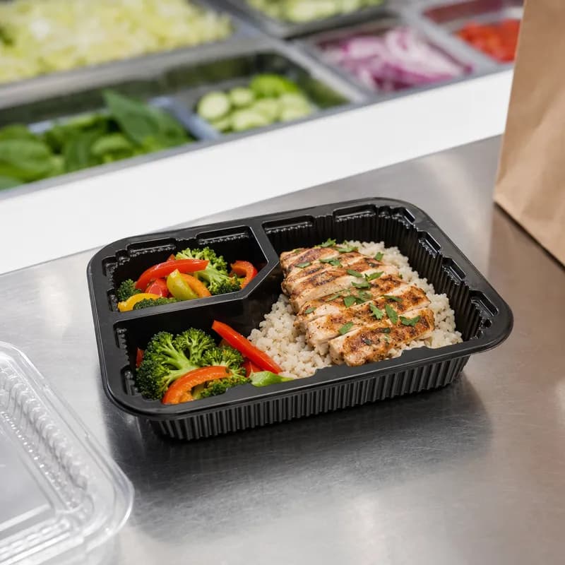 WNA Atrium Take-Out Container Base 6.59X4.97 IN 2 Compartment OPS Black Rectangle 1000/Case