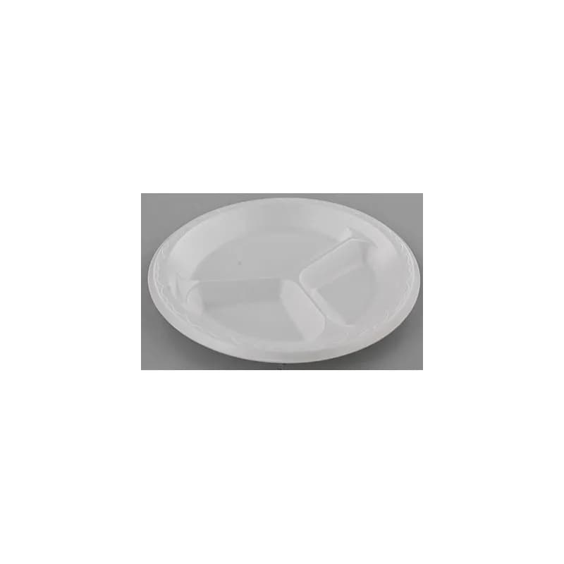 Plate 10.25 IN 3 Compartment Polystyrene Foam White Round Laminated 500/Case