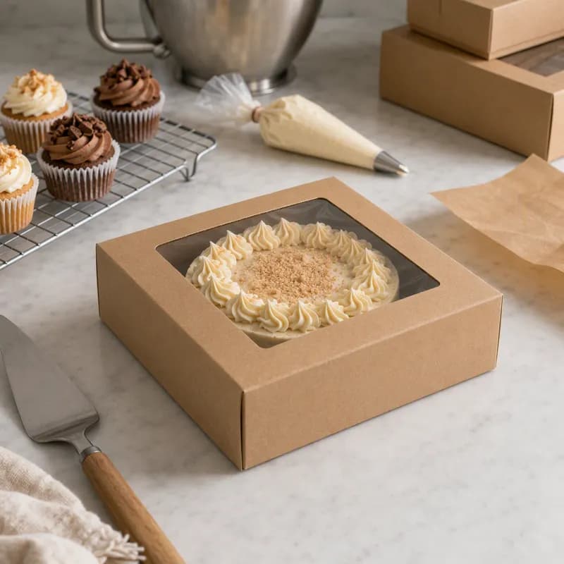 Cake Box 9X9X2.5 IN Kraft Paperboard Kraft Square 4 Corner Beers 1-Piece Automatic With Window 200/Case