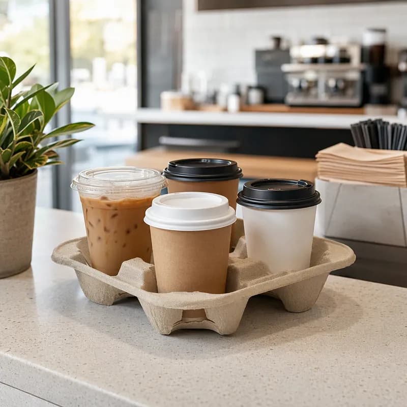 StrongHolder® Cup Carrier 7.4X6.8X6.8 IN 4 Compartment Molded Fiber Kraft For 8-22 OZ Without Handle 300/Case