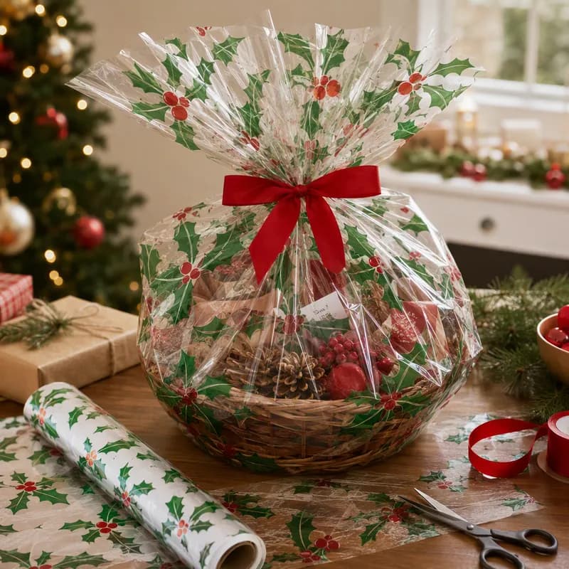 Multi-Purpose Roll 40IN X100FT Cellophane Multicolor Holiday Holly 1/Roll