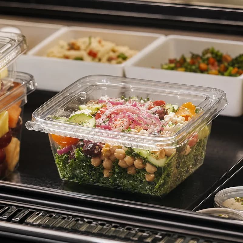 Safe-T-Fresh® Deli Container Hinged With Flat Lid 24 OZ RPET Clear Square With Insert 252/Case