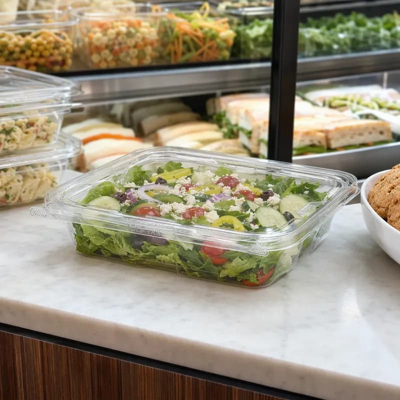 Safe-T-Fresh® Deli Container Hinged With Flat Lid 35 OZ RPET Clear Rectangle 150/Case