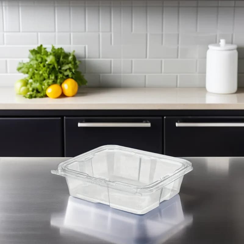 Safe-T-Fresh® Deli Container Hinged With Flat Lid 48 OZ RPET Clear Rectangle 150/Case