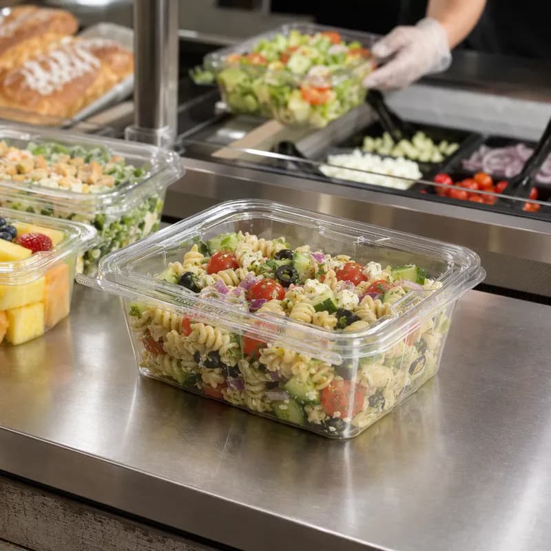 Safe-T-Fresh® Deli Container Hinged With Flat Lid 64 OZ RPET Clear Rectangle 150/Case