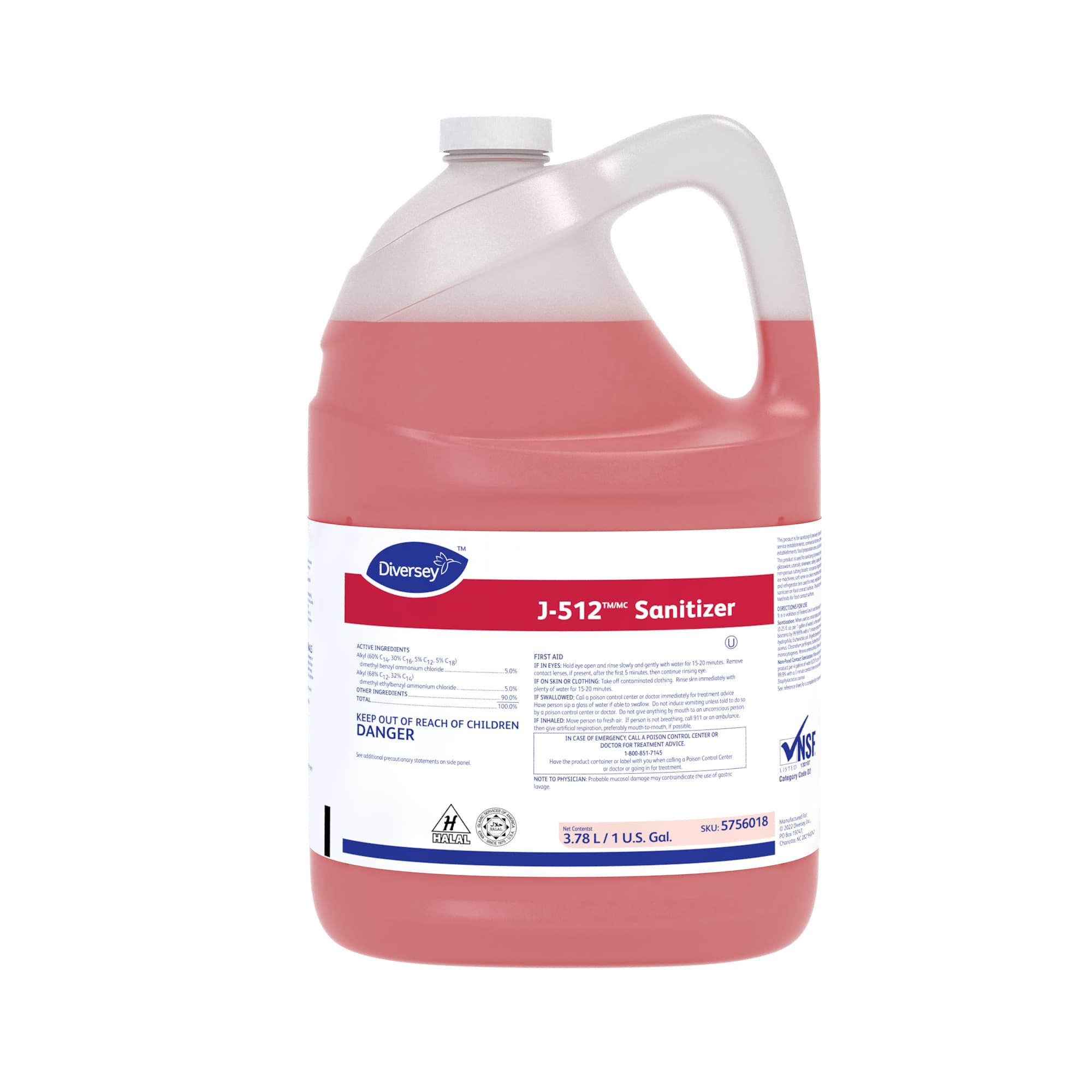 J-512 Food Service Sanitizer 1 GAL Multi Surface Liquid Concentrate Quat Kosher 4/Case
