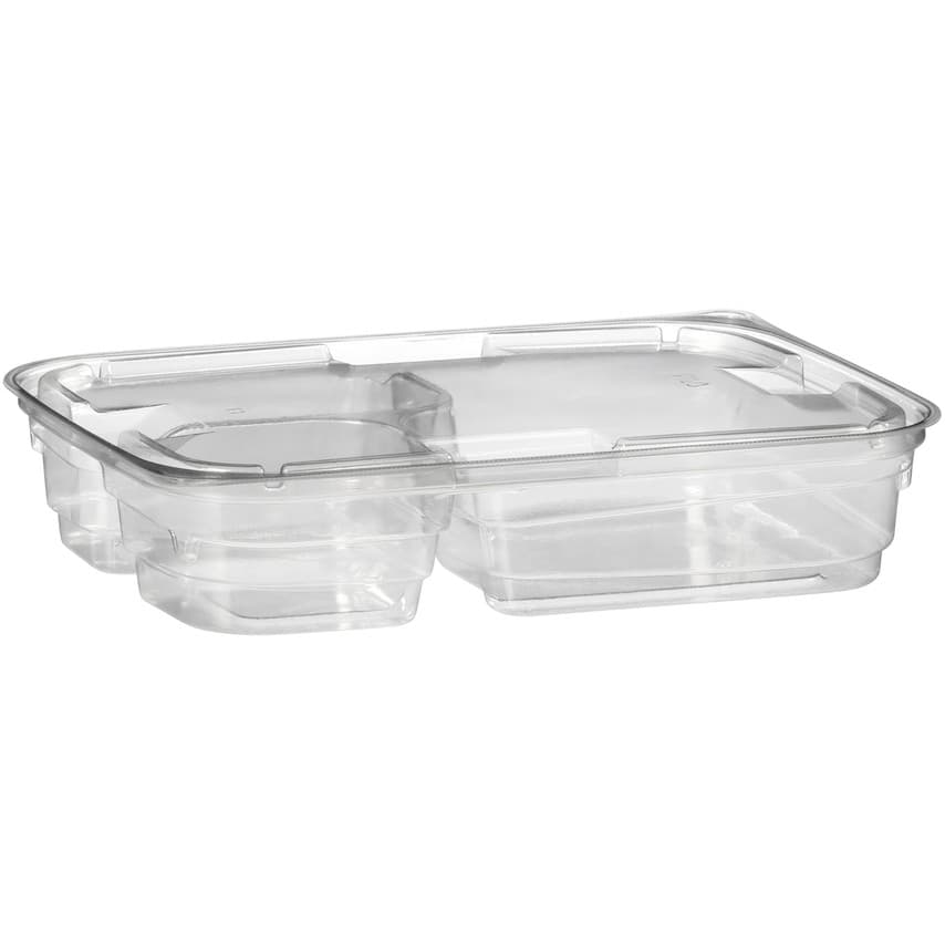 Deli Container Base & Lid Combo With Flat Lid Large (LG) 26 OZ 3 Compartment PET Clear Square 150/Case