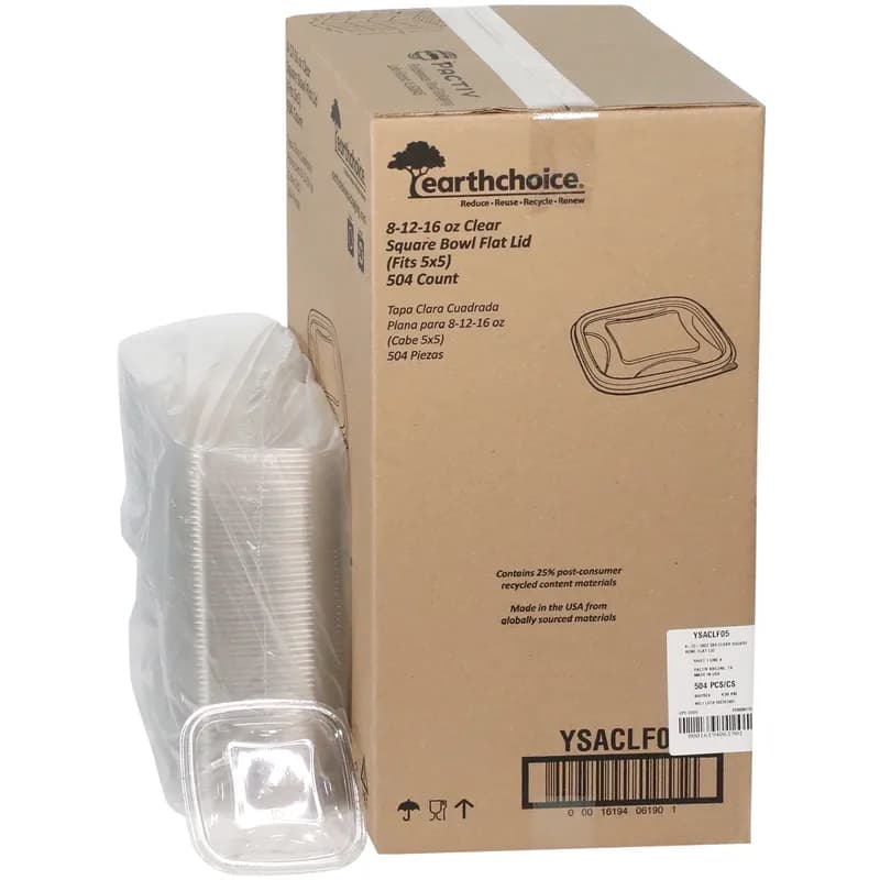Lid Flat 5.5X5.5X0.75 IN RPET Clear Square For 8-12-16 OZ Container 504/Case