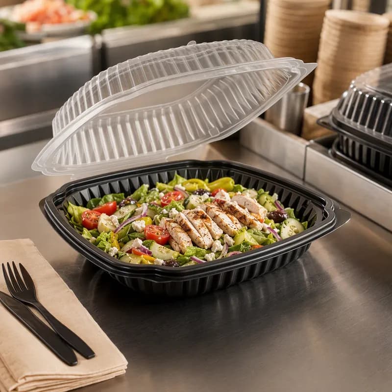 Take-Out Container Hinged With Dome Lid 10.5X9.5 IN PP Black Clear Anti-Fog 100/Case