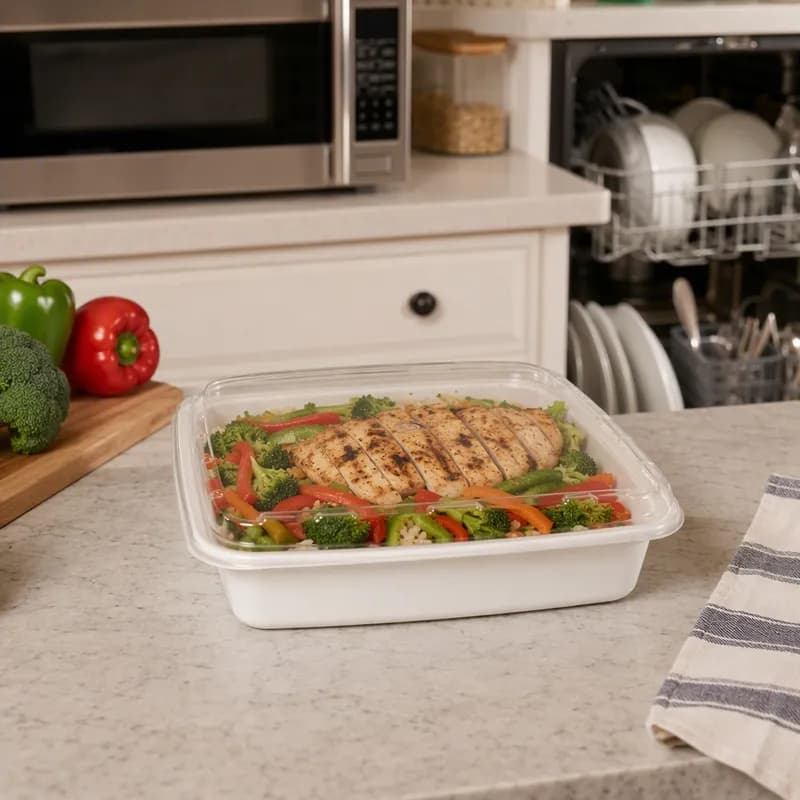 Take-Out Container Base & Lid Combo With Dome Lid 48 OZ Plastic White Clear Square 100/Case