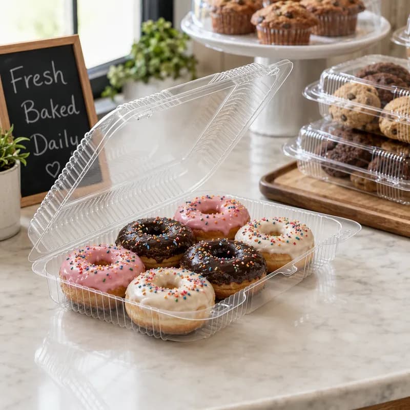Essentials SureLock Cookie Donut Hinged Container With Dome Lid 8.25X8.75X3 IN RPET Clear Square 200/Case