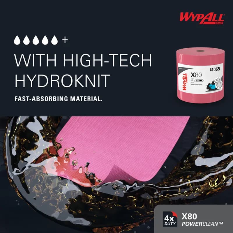 WypAll® X80 Cleaning Towel 12.4X12.2 IN Heavy Duty HydroKnit Red Jumbo Roll 475 Sheets/Roll 1 Rolls/Case 475 Sheets/Case