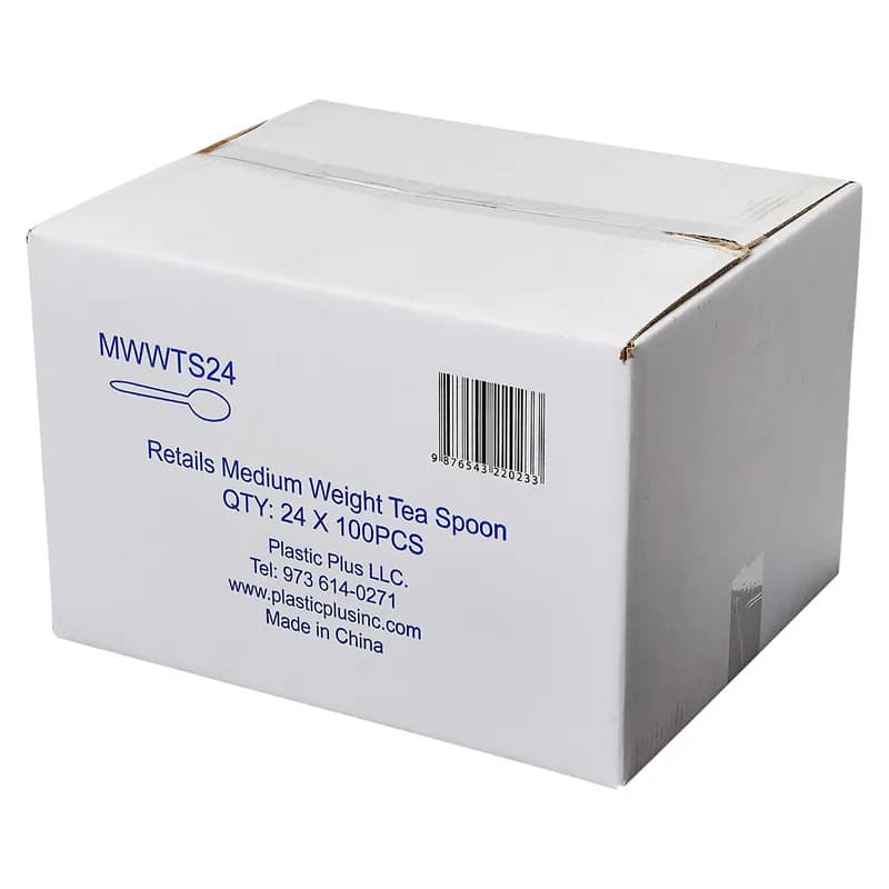 Plastic Plus Spoon White Medium Weight Retail 100 Count/Pack 24 Packs/Case 2400 Count/Case