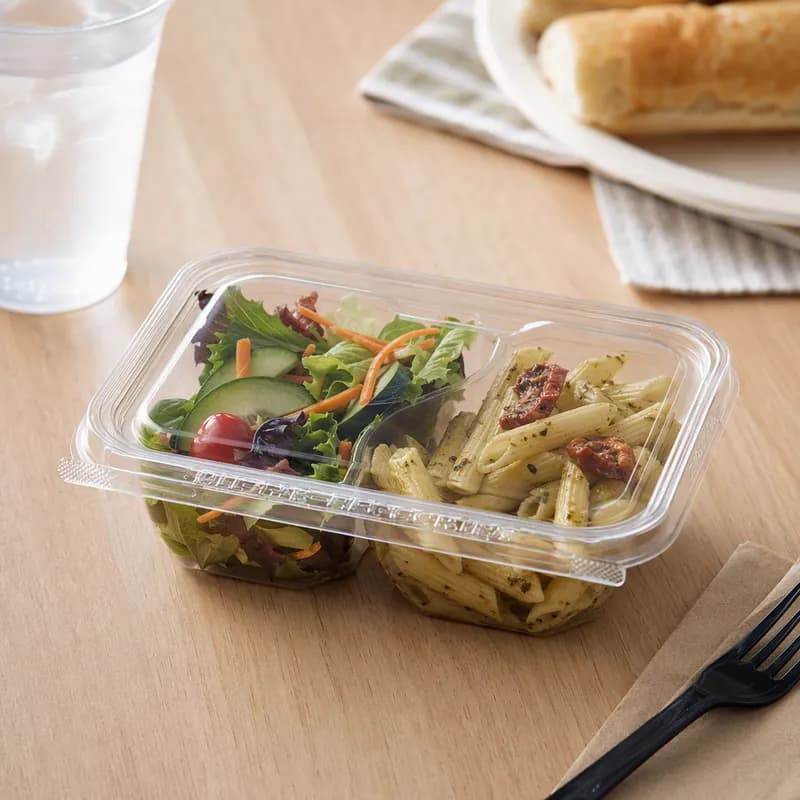 Safe-T-Fresh® Deli Container Hinged With Flat Lid 16 OZ 2 Compartment RPET Clear Rectangle 200/Case