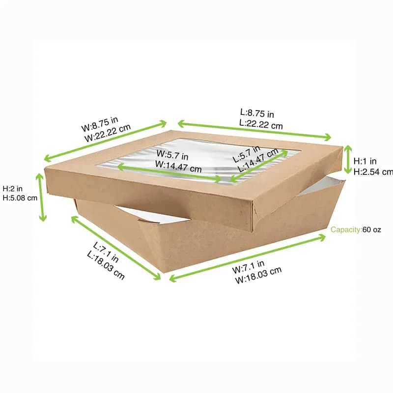 Kray Bakery Box 60 OZ 7.1X7.1X2 IN Corrugated Paperboard Kraft With Window 50 Count/Pack 4 Packs/Case 200 Count/Case