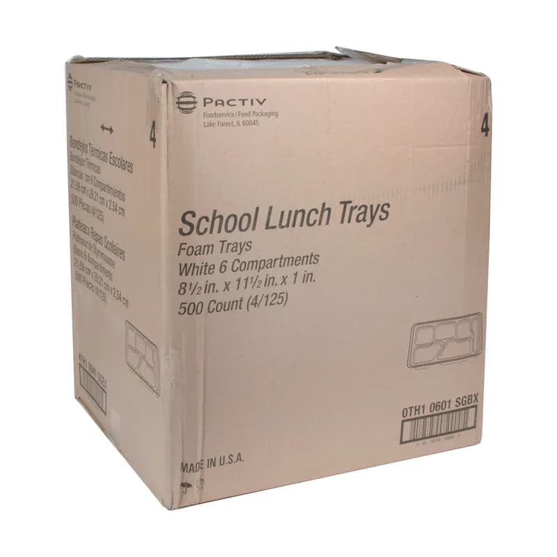 Cafeteria & School Lunch Tray 8.5X11.5X1.25 IN 6 Compartment Polystyrene Foam White Rectangle 500/Case