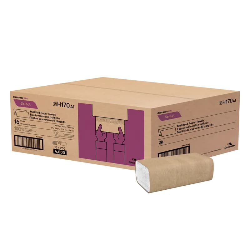 Cascades PRO Folded Paper Towel 9.25X9.5 IN White Multifold 250 Sheets/Pack 16 Packs/Case 4000 Sheets/Case