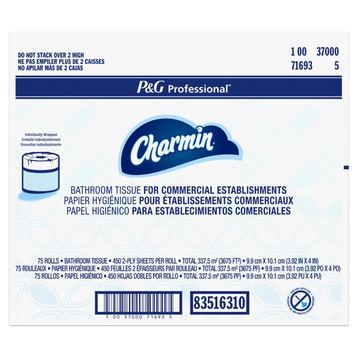 Charmin® Toilet Paper & Tissue Roll 3.92X4 IN 2PLY White Embossed 450 Sheets/Roll 75 Rolls/Case 33750 Sheets/Case