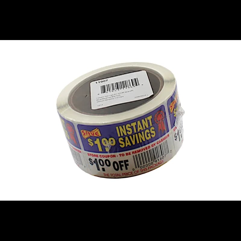 Instant Savings $1.00 Off Coupon Savings Label 2X3 IN Blue Red Yellow Black Tear Off 250 Count/Roll 30 Rolls/Case