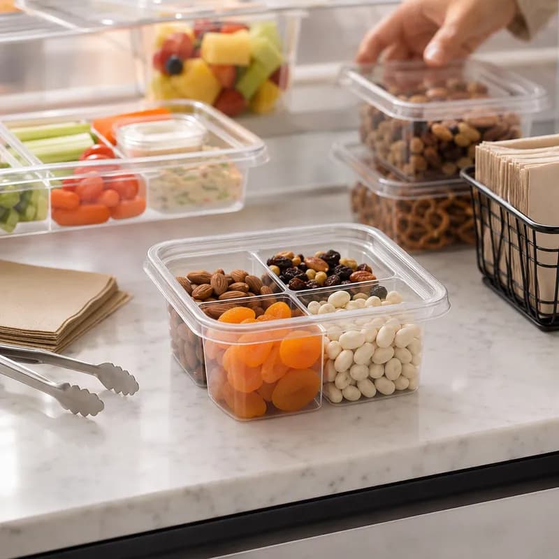 The BOTTLEBOX ® Deli Container Base 22 OZ 4 Compartment PET Clear Square 300/Case