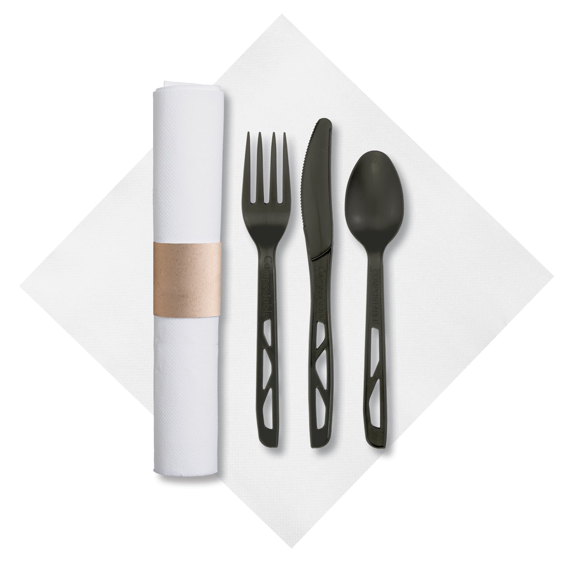 CaterWrap® 4PC Cutlery Kit Black Individually Wrapped With White Napkin,Fork,Knife,Spoon 50/Case