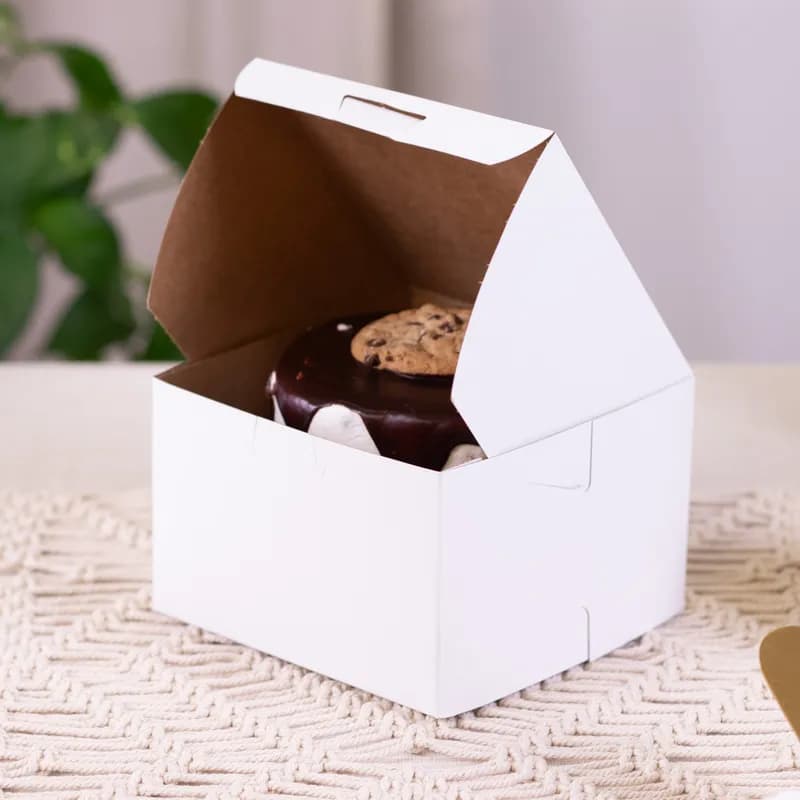 Bakery Box 6X6X4 IN Clay-Coated Kraft Board White Kraft Square Lock Corner Tuck Top 250/Bundle