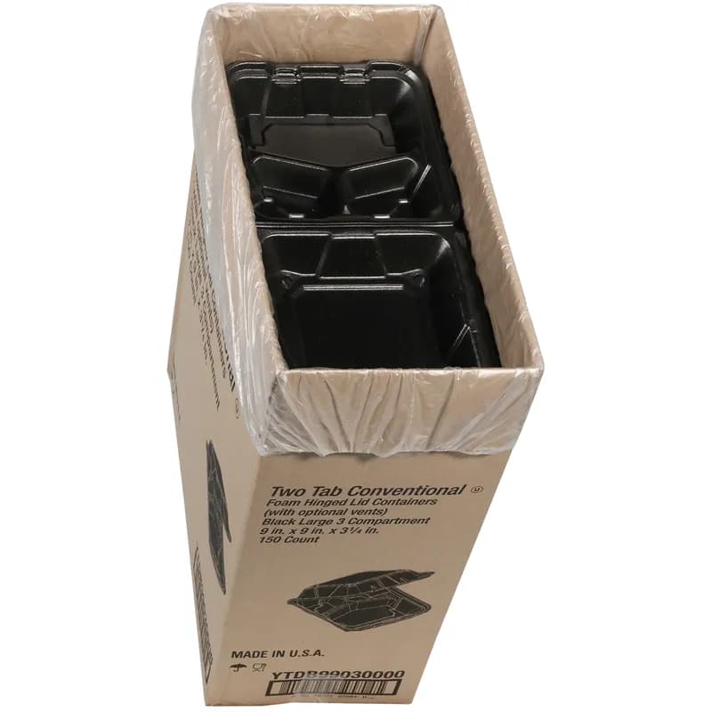 Take-Out Container Hinged With Dome Lid 9.1X9X3.3 IN 3 Compartment Polystyrene Foam Black Square Closing Tabs 150/Case