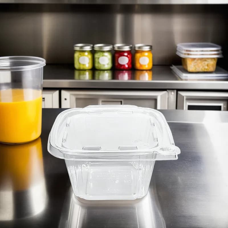 Deli Container Hinged With Flat Lid 16 OZ RPET Clear Square Tamper-Evident 240/Case
