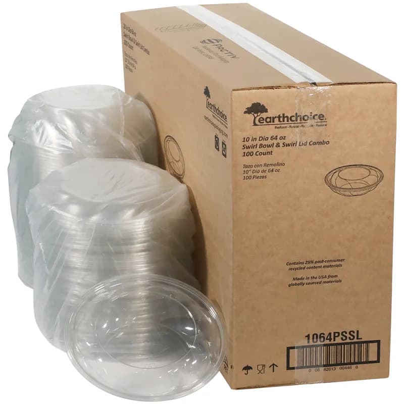 Bowl & Lid Combo With Dome Lid 64 OZ RPET Clear Swirl Design Round Hinged 100/Case