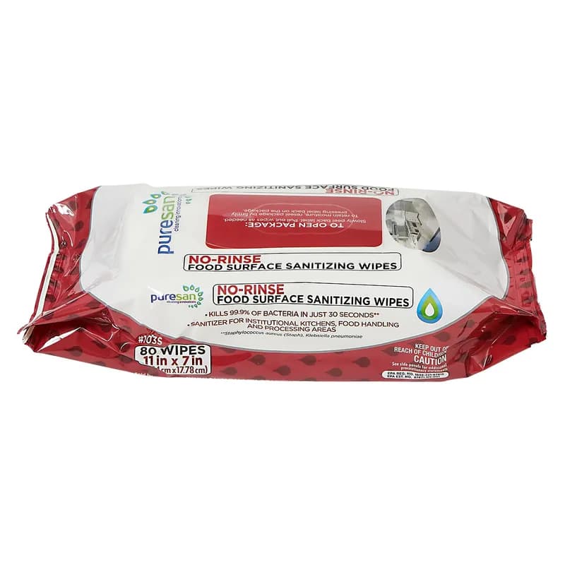Puresan Unscented Food Service Sanitizer Surface Wipe No Rinse 80 Count/Pack 12 Packs/Case