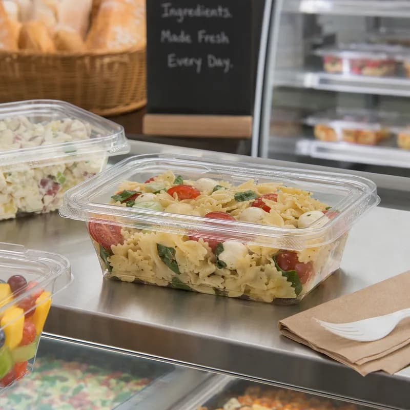 Safe-T-Fresh® Deli Container Hinged With Flat Lid 24 OZ RPET Clear Rectangle 200/Case
