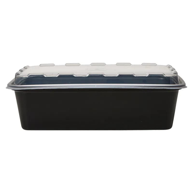 Take-Out Container Base & Lid Combo With Dome Lid 38 OZ Plastic Black Clear Oblong 150/Case