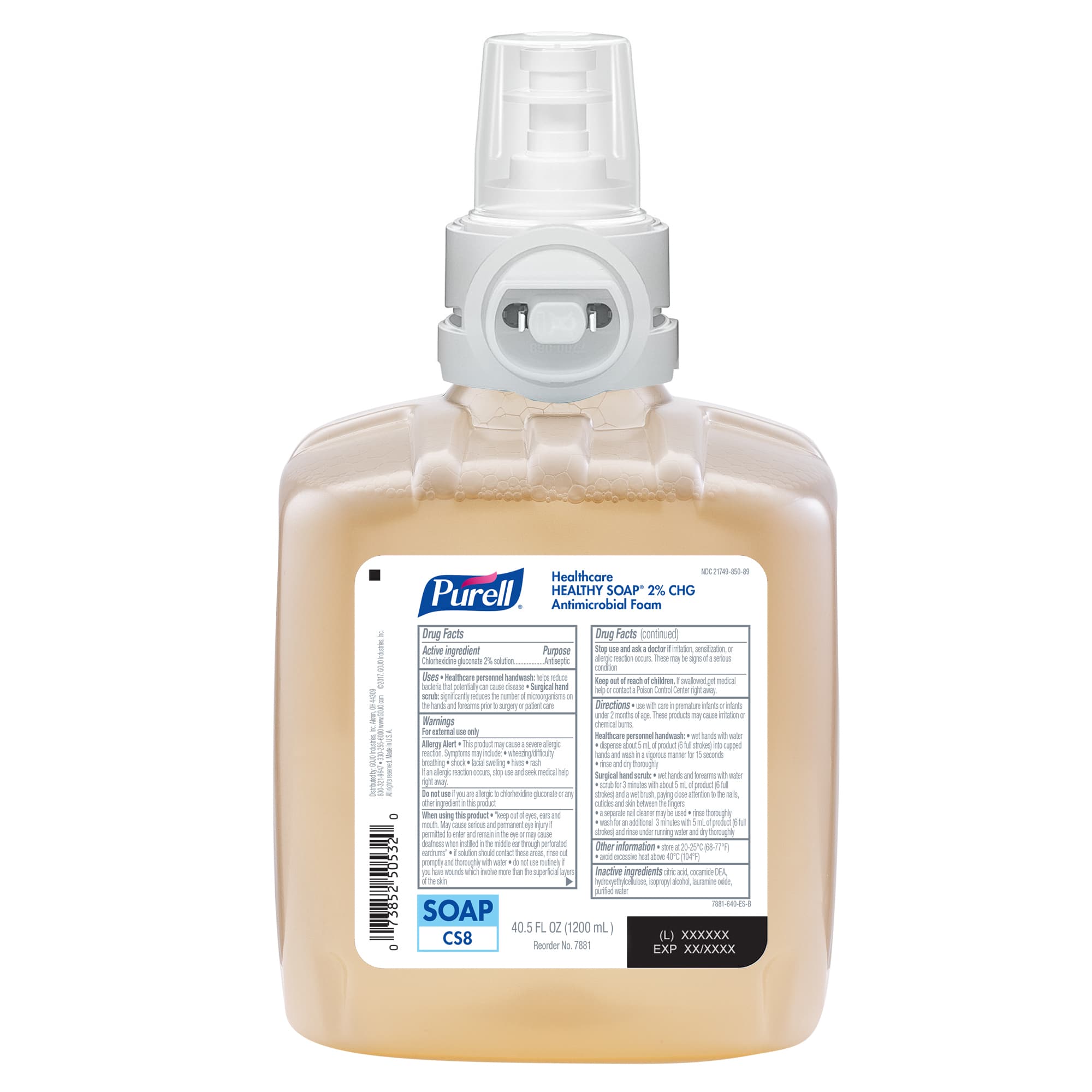 Purell® Hand Soap Foam 1200 mL 5.18X3.45X7.3 IN Unscented Fragrance Free Antimicrobial Healthcare 2% CHG For CS8 2/Case