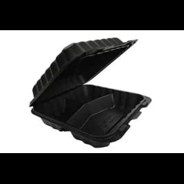 Pebble Box Take-Out Container Hinged With Dome Lid 9.13X8.81X3 IN 3 Compartment Plastic Black Square 150/Case