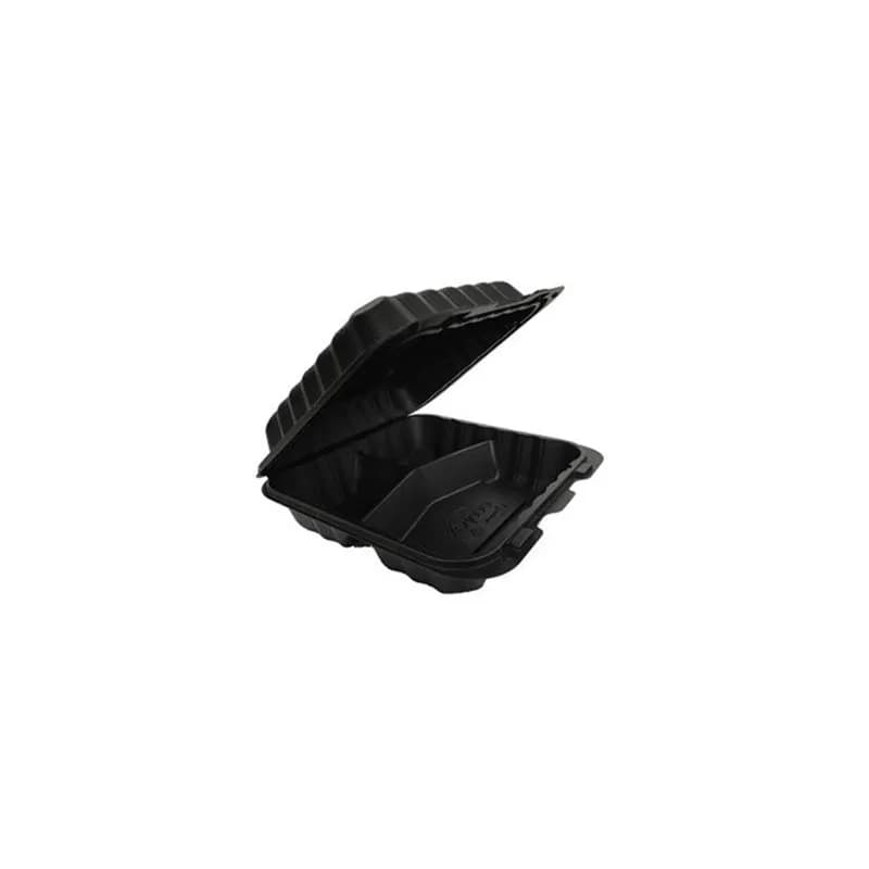 Pebble Box Take-Out Container Hinged With Dome Lid 9.13X8.81X3 IN 3 Compartment Plastic Black Square 150/Case