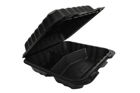 Pebble Box Take-Out Container Hinged With Dome Lid 9.13X8.81X3 IN 3 Compartment Plastic Black Square 150/Case