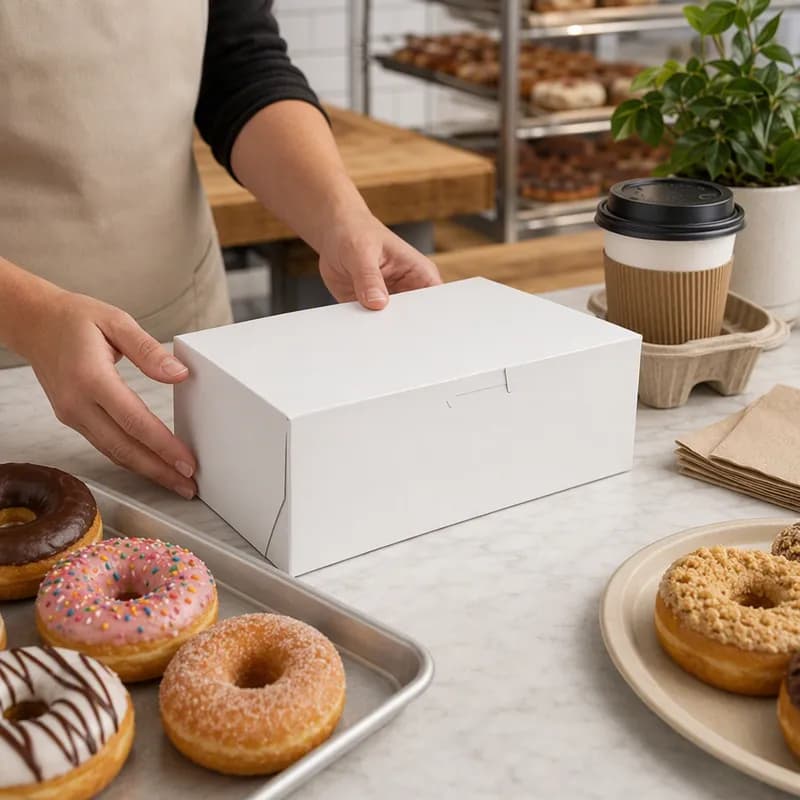Donut Box 10X6X3.5 IN Clay-Coated Kraft Board White Kraft Rectangle Lock Corner 250/Bundle
