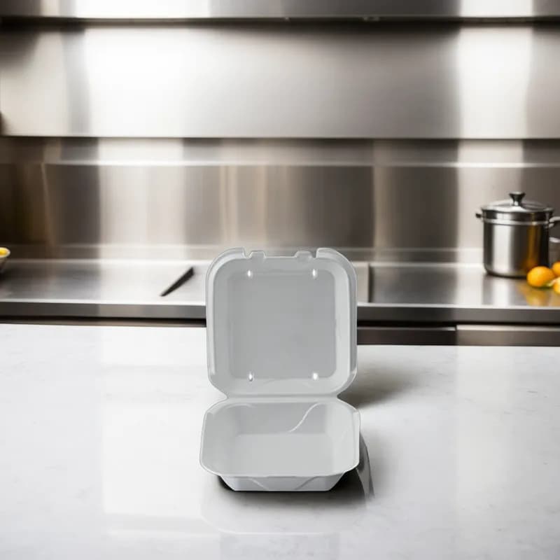 Take-Out Container Hinged 9X9X3 IN Polystyrene Foam White Square Vented 200/Case