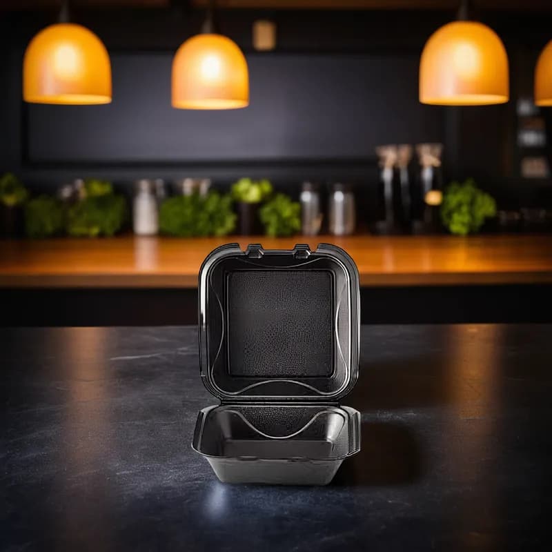 Darnel Naturals® Take-Out Container Hinged With Dome Lid 8X8 IN Polystyrene Foam Black Square 200/Case