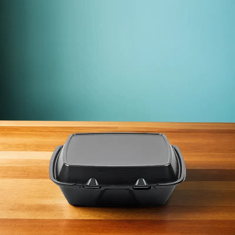 Take-Out Container Hinged With Dome Lid 9X9X3 IN Polystyrene Foam Black Square 200/Case