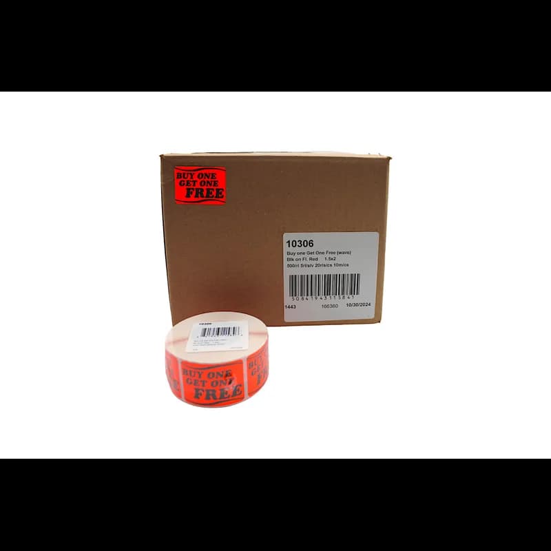 Buy One Get One Free Promo Label 1.5X2 IN Black Fluorescent Red Wave 500 Count/Roll 20 Rolls/Case 10000 Count/Case