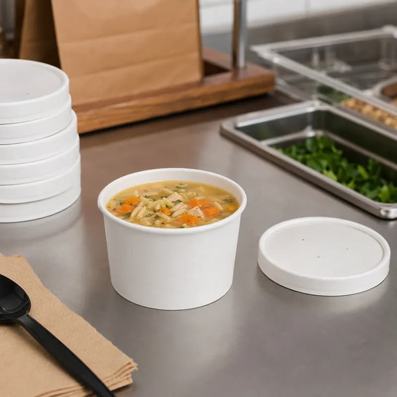 Food Container With Flat Lid 8-10 OZ Paperboard White Round Combo Vented 250/Case