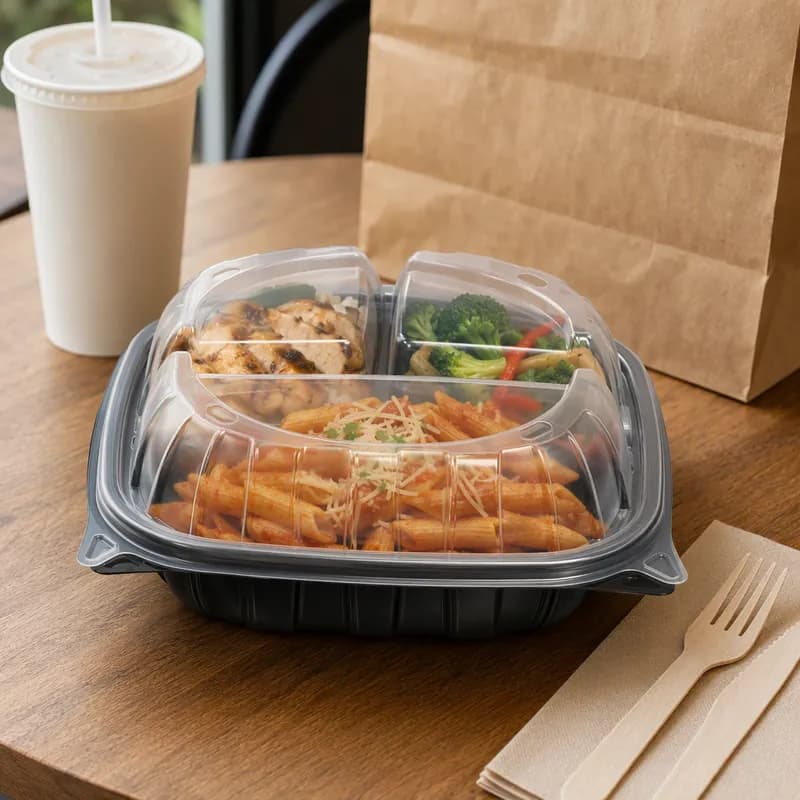 Take-Out Container Hinged With Dome Lid 8X8X3 IN 3 Compartment PP Black Clear Square 138/Case