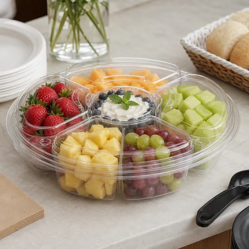 Essentials Deli Container Base & Lid Combo With Dome Lid 54 OZ 5 Compartment RPET Clear Round 100/Case