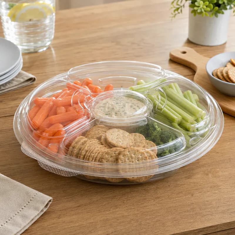 Essentials Deli Container Base & Lid Combo With Dome Lid 42 OZ 5 Compartment RPET Clear Round 100/Case