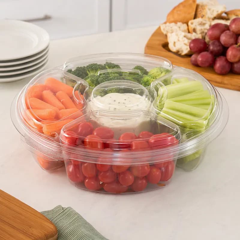 Essentials Deli Container Base & Lid Combo With Flat Lid 65 OZ 5 Compartment RPET Clear Round 100/Case